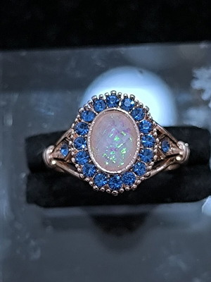 Rose Gold women's ring with white opal and blue crystals, stainless steel