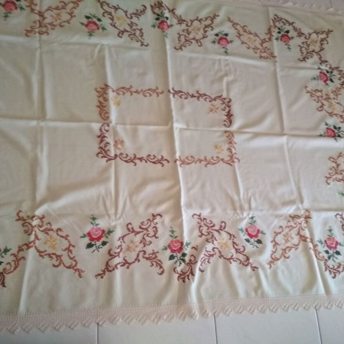 Embroidered handmade tablecloth used, beige with rose design