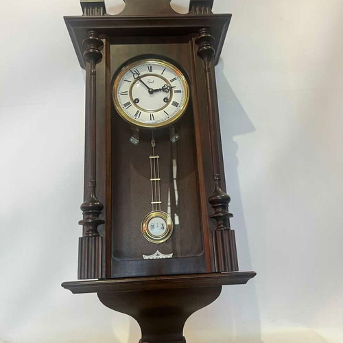Wooden wall clock with pendulum used, 79x31x16 cm, analog
