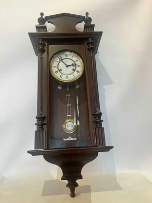 Wooden wall clock with pendulum used, 79x31x16 cm, analog