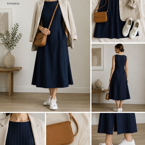 Classic dark blue linen dress with stripes FIDÈLE