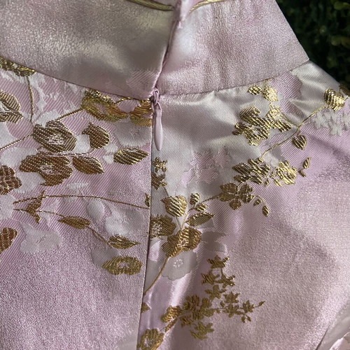 Qipao dress pink satin with gold floral patterns new, size XXXS