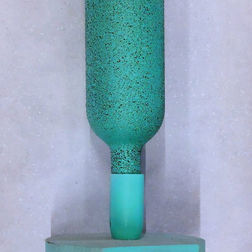 Handmade turquoise vase with wooden base, like new