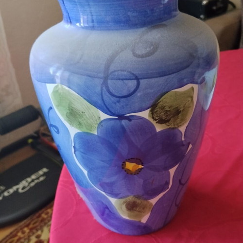 Large decorative ceramic majolica vase with colorful hand-painted flowers, Mediterranean style