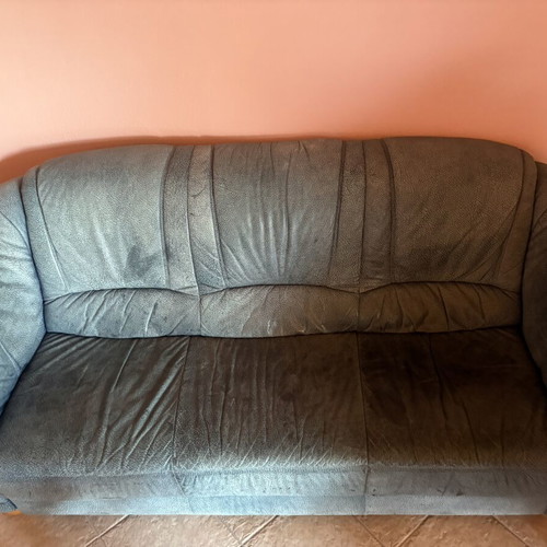 Vintage sofa set 3 pieces leather with rattan, like new