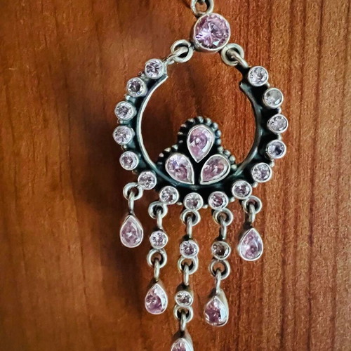 Silver chandelier earrings used with pink semi-precious stones