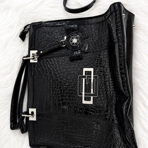 Guess Black Croco Patent Shoulder Bag New