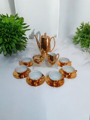 Vintage Chodziez Poland coffee set 15 pieces porcelain gold color