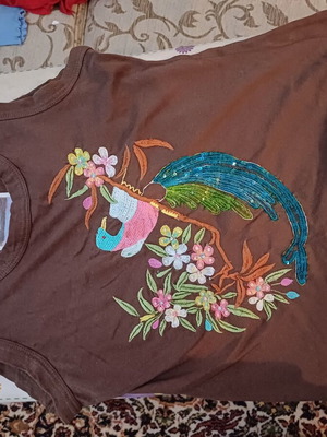 Women's t-shirt used, size L, brown with embroidered bird