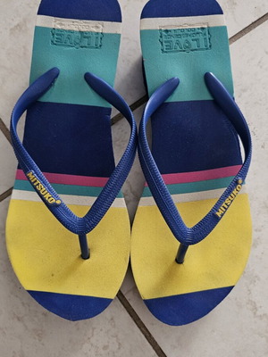 Mitsuko flip flops used, size 39, blue and yellow