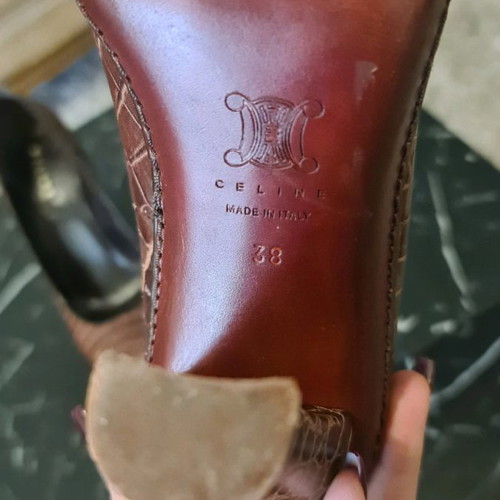 Celine leather pumps used, brown croc pattern, size 38