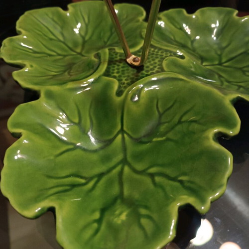 Vintage glass fondant dish with three leaves, like new, green