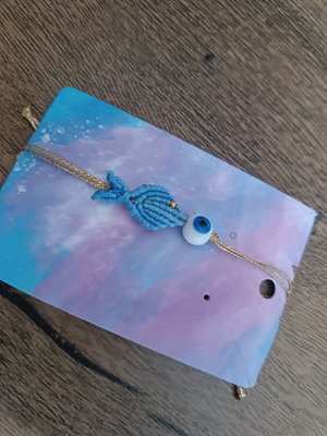 Macrame bracelet fish with glass eye new, blue