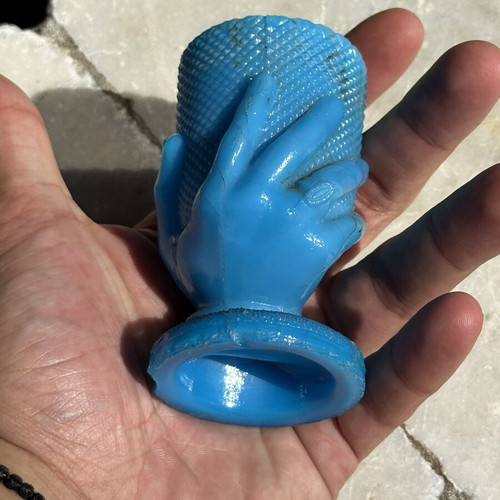 Vintage Blue Opaline Hand-Shaped Glass Used Decoration