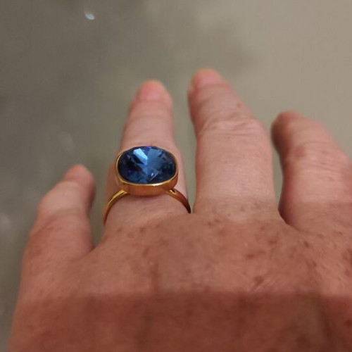 Stainless Steel Ring with Large Blue Stone Gold Color