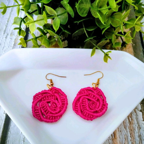 Handmade Boho Rose Micro Macrame Earrings made to order pink gold