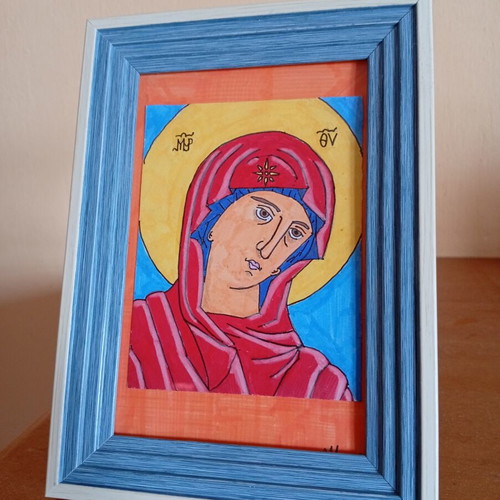 Icon of Panagia 10x15 cm new, handmade with frame