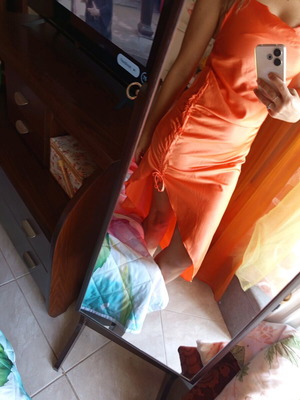 Satin dress with ruching new, bright orange, size M-L