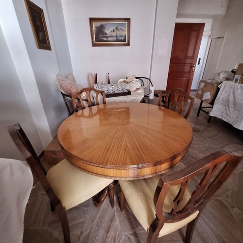 Dining set round walnut handmade 1960 with 8 chairs and mirror used