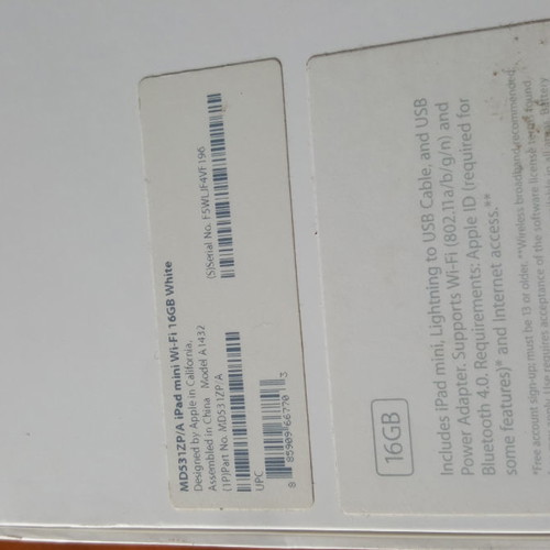 iPad Mini WiFi 16GB used, white, Model A1432