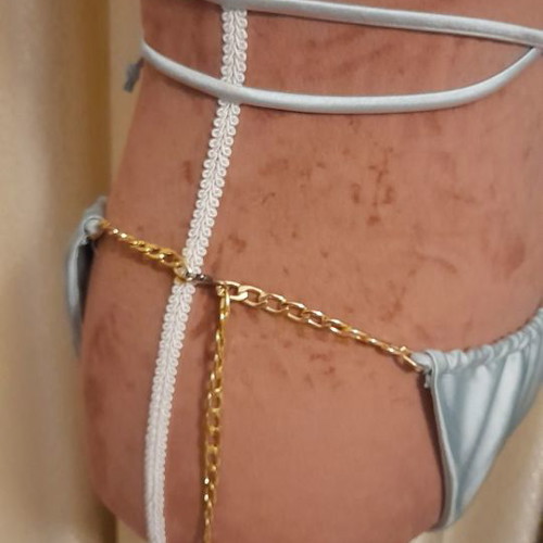 Satin triangle bikini swimsuit with chains light blue