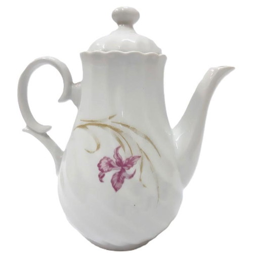 Vintage porcelain coffee pot with lid used, floral pink and gold