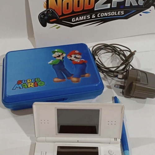 Nintendo DS Lite White used with Super Mario case and charger
