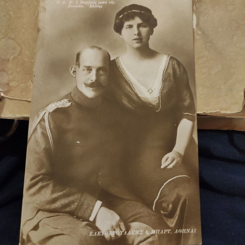 Black and white postcard of King Constantine and Princess Eleni like new