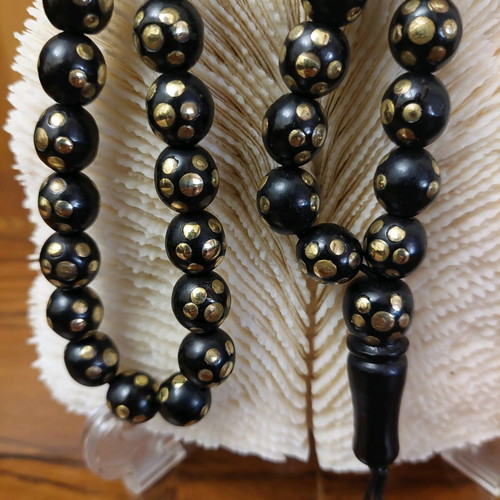Worry beads with 33 ebony beads and golden copper inlays new