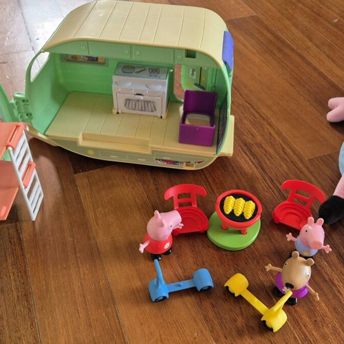 Peppa the Pig toys used with caravan, wooden house and George bag
