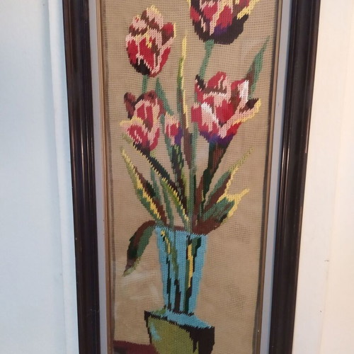 Vintage embroidered tulips textile painting 60x27 cm like new