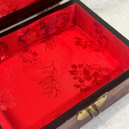 Vintage wooden jewelry box used with red satin lining