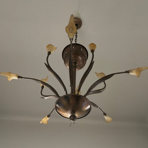 Ceiling light chandelier used, bronze frame with flower-shaped glass shades