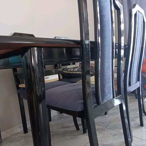 Dining set used black lacquer with 6 chairs and coffee table