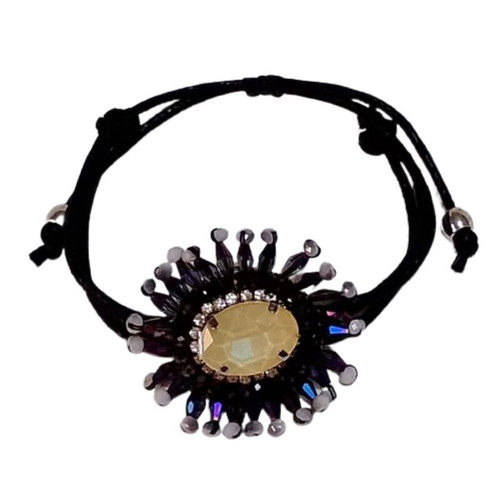 Bracelet with ecru stone, rhinestones and crystals in black, iridescent purple and white, new