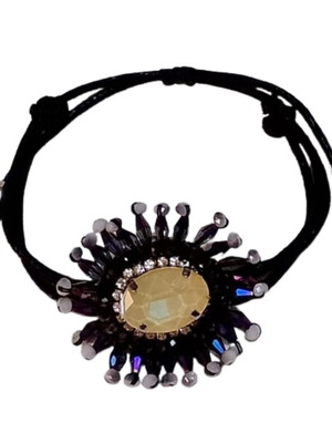 Bracelet with ecru stone, rhinestones and crystals in black, iridescent purple and white, new