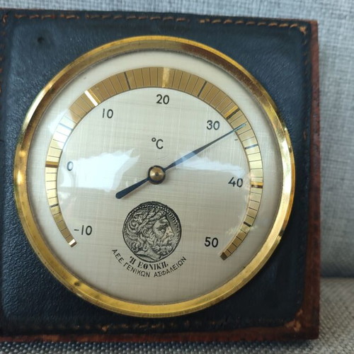 Vintage Ethniki Thermometer used, wooden base with leather