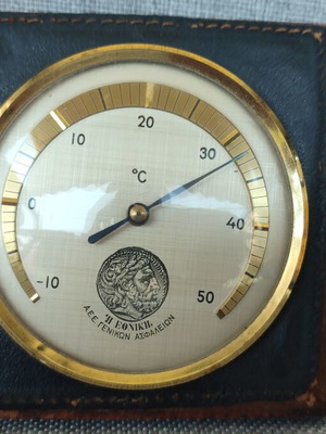 Vintage Ethniki Thermometer used, wooden base with leather