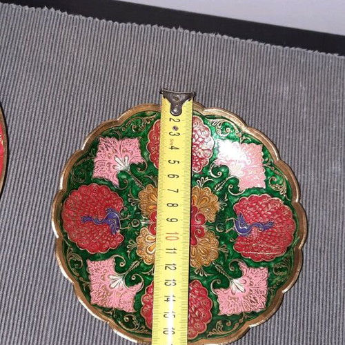 Cloisonné brass plates and bowl used, set of 3 pieces