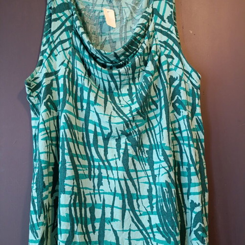 George plus size sleeveless top with cowl neck and abstract teal pattern, new