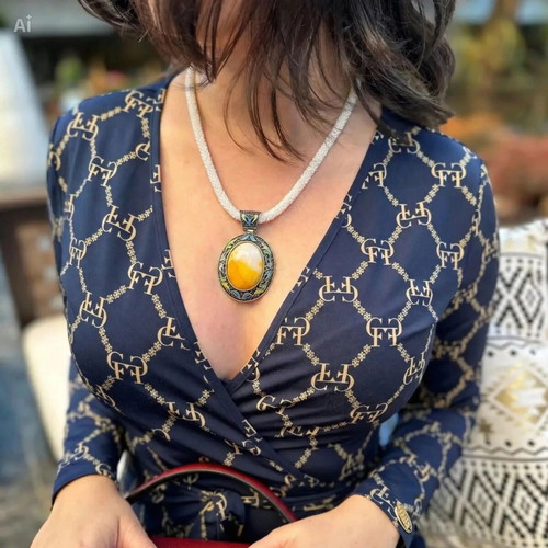 Vintage Faux Agate Pendant Necklace and Adjustable Ring Set new