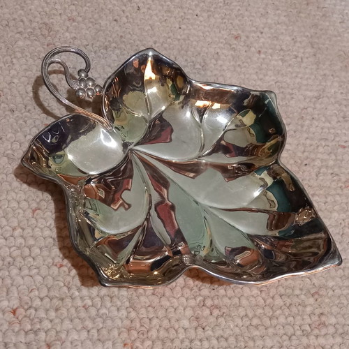 Silver-plated serving dish used, maple leaf shape, 1960s