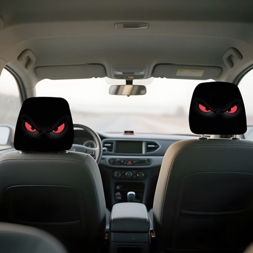 Car headrest covers with red devil eyes pattern, like new, set of 2