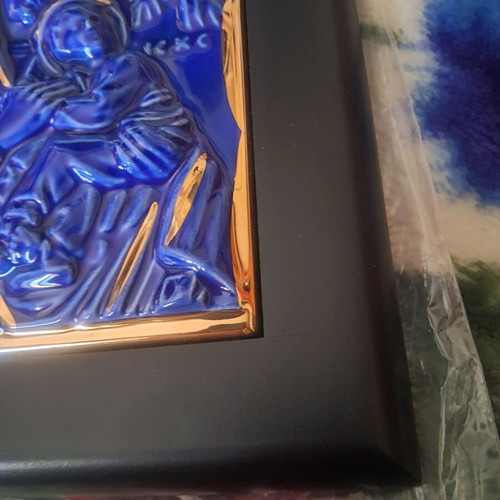 Collectible icon Virgin Mary with Child blue porcelain with gold details new