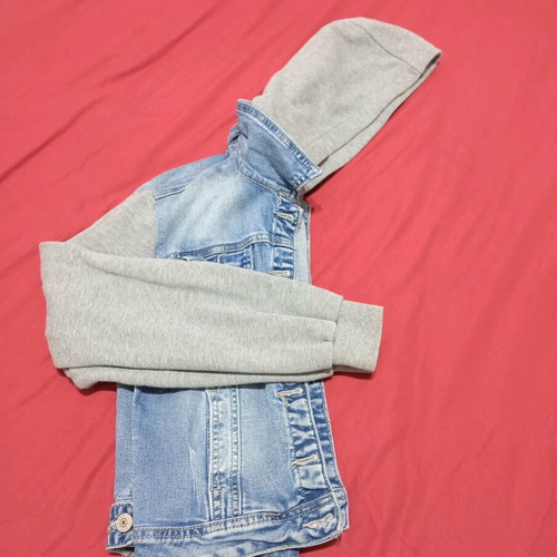 Denim jacket used with fabric sleeves and hood, size S