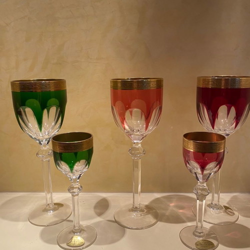 German crystal glasses new, 3 large wine and 2 small liqueur with gold rim
