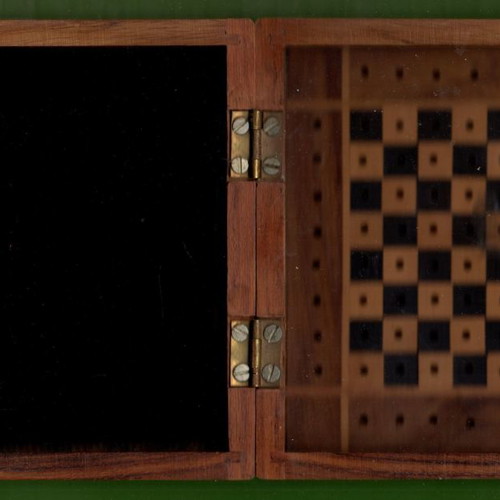 Old wooden walnut chessboard like new, travel with holes for pieces