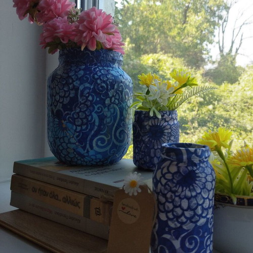 Handmade decorative vase set of three, decoupage and acrylic