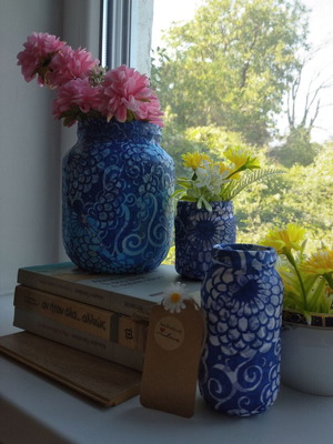 Handmade decorative vase set of three, decoupage and acrylic