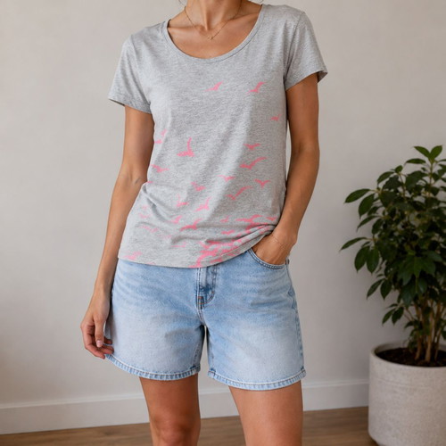 Columbia women's M grey pink print birds scoop neck casual outdoor shirt